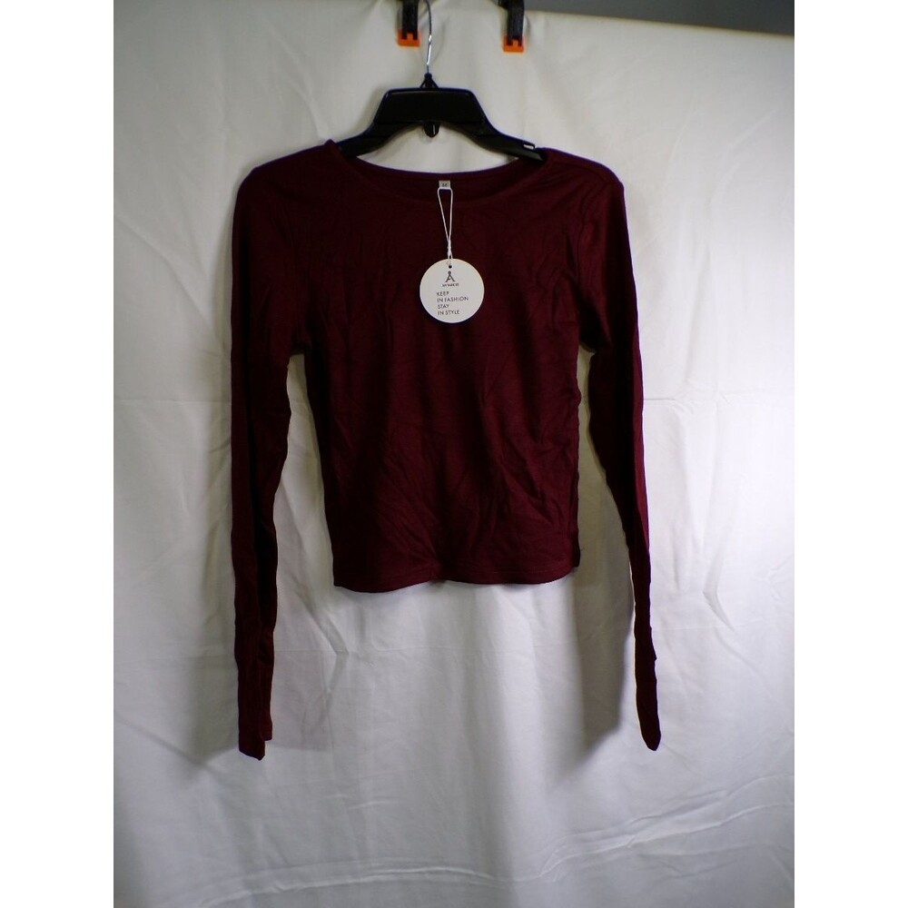Anrabess Women's Ribbed Long Sleeve Crewneck Top Burgundy M